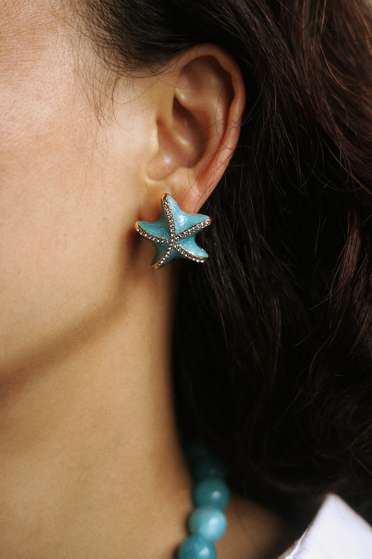 Blue Enamel Starfish Vintage Earrings