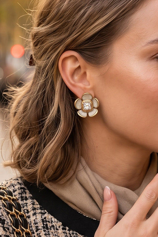 White Enamel Flower Vintage Gold Earrings