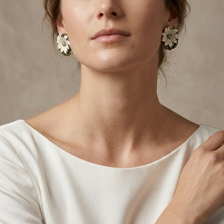 Dark Leaf & White Bloom · Enamel Crystal Earrings