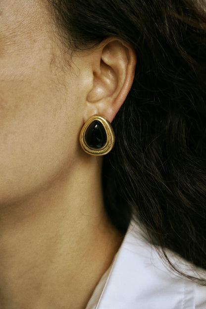 Black Glass Teardrop Vintage Gold Earrings