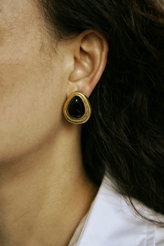 Black Glass Teardrop Vintage Gold Earrings
