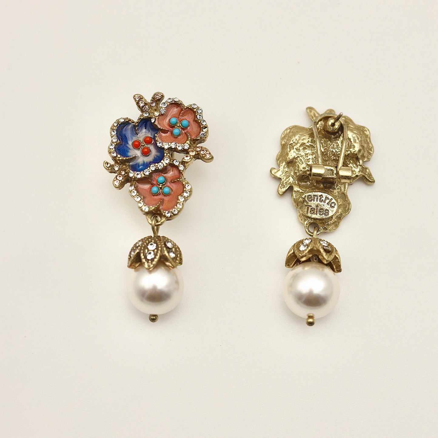 Triple-Flower Pearl Drop Vintage Gold Earrings