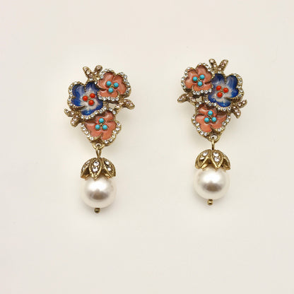 Triple-Flower Pearl Drop Vintage Gold Earrings
