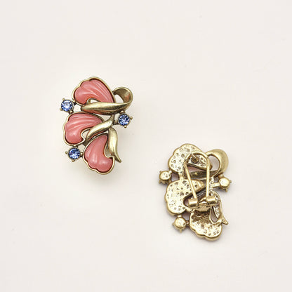 Three-Petal Pink Crystal & Gold Leaf Vintage Gold Earrings