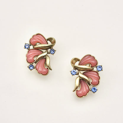 Three-Petal Pink Crystal & Gold Leaf Vintage Gold Earrings