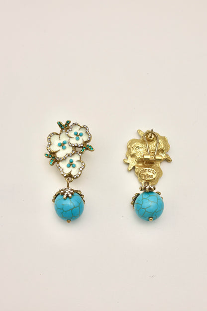 Blue & White Flower Turquoise Vintage Gold Earrings