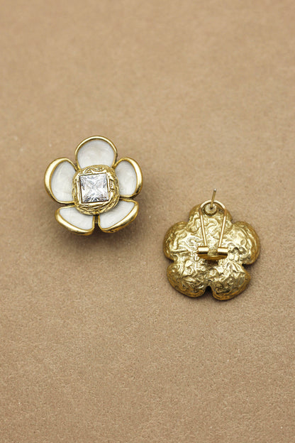 White Enamel Flower Vintage Gold Earrings