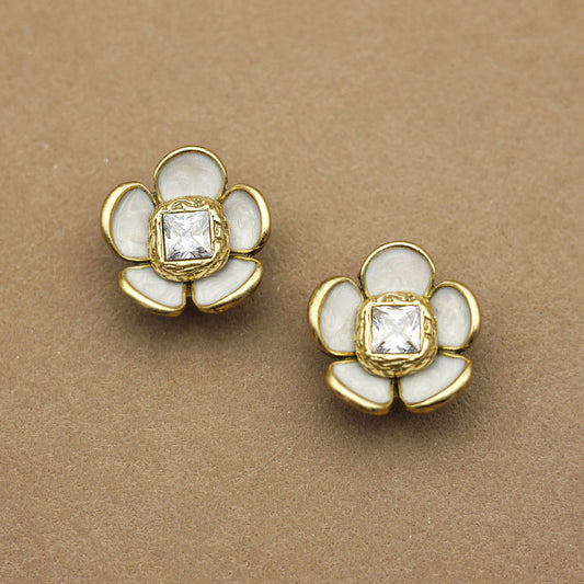 White Enamel Flower Vintage Gold Earrings