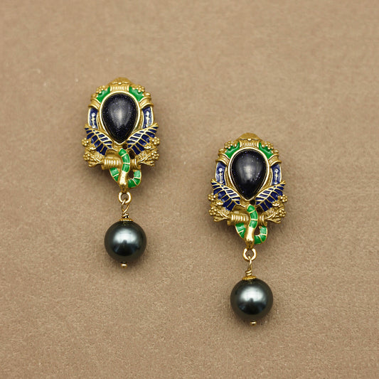 Starry Stone & Black Pearl Vintage Gold Earrings