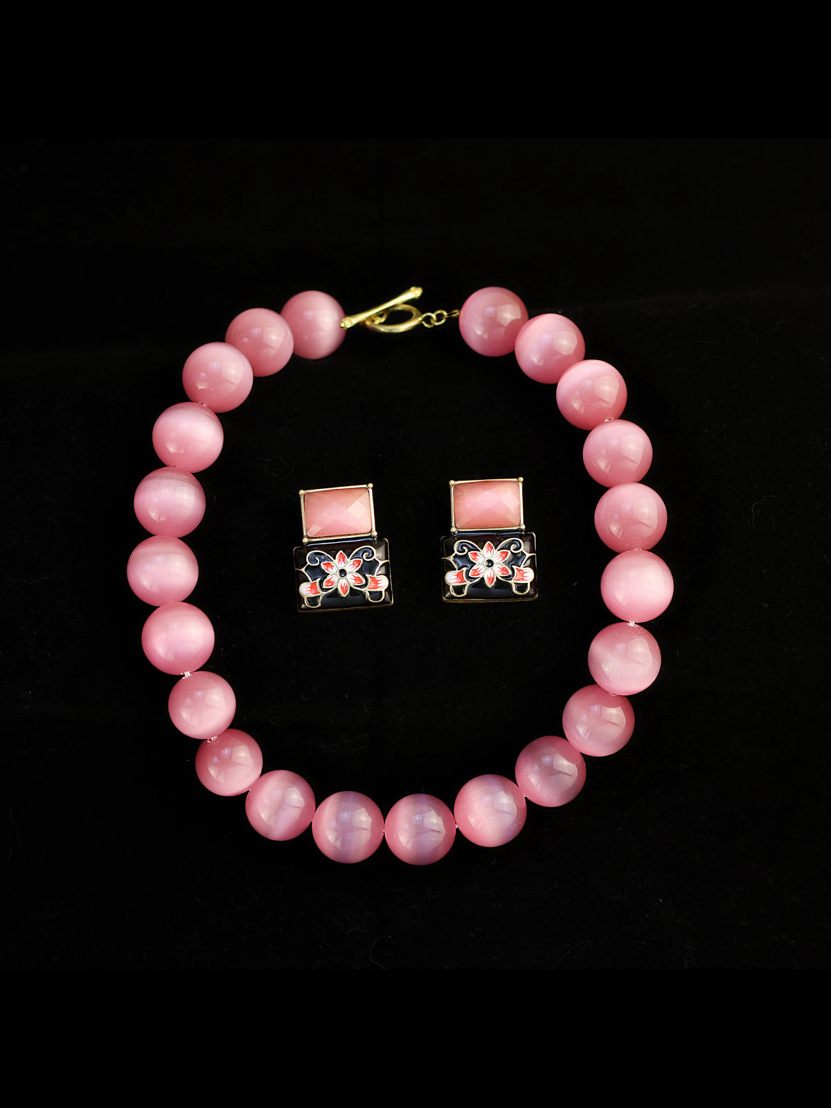 Pink Cat's Eye · Chinese Ink Earring Set