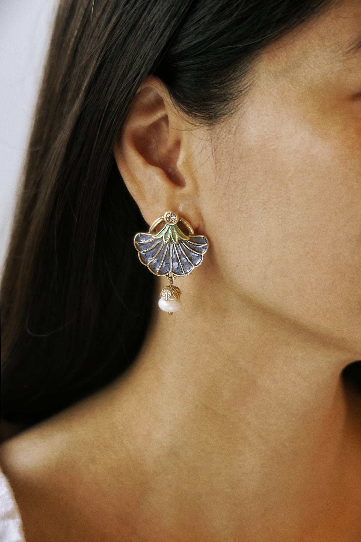 Blue Enamel Morning Glory Vintage Gold Earrings