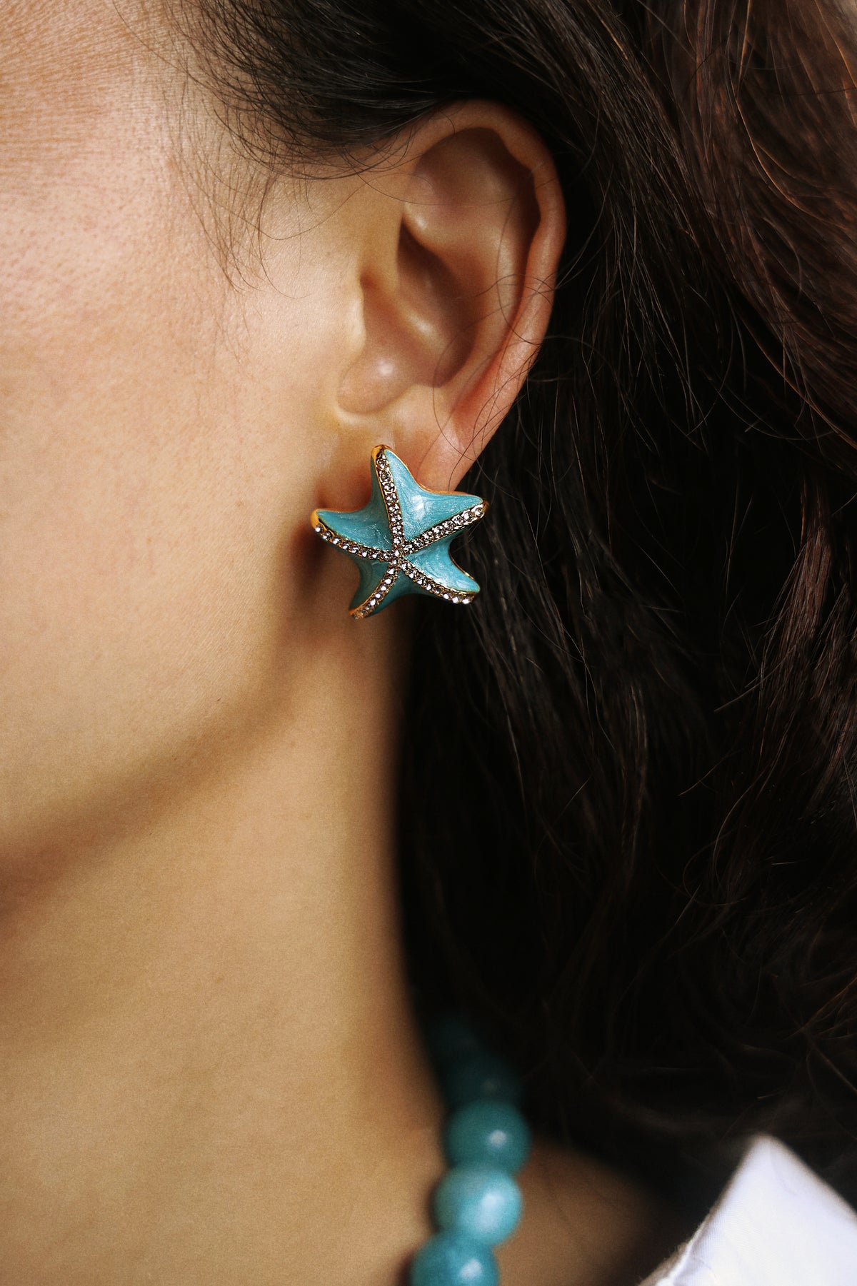Blue Enamel Starfish Vintage Earrings