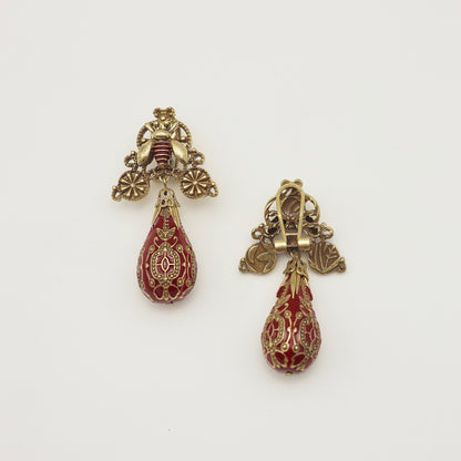 Bee & Burgundy Enamel Drop Vintage Gold Earrings