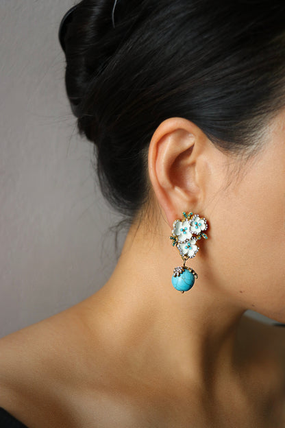 Blue & White Flower Turquoise Vintage Gold Earrings