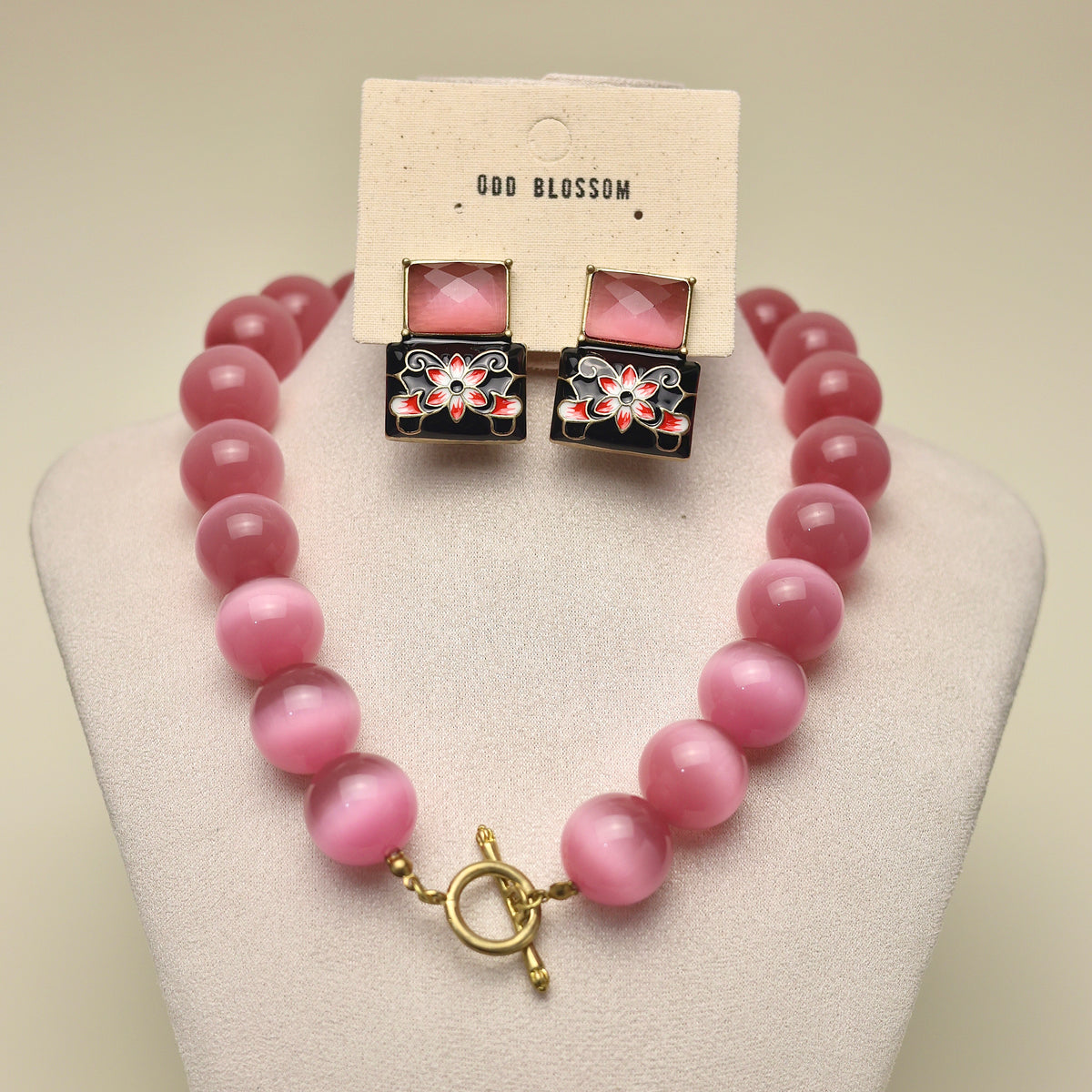 Pink Cat's Eye · Chinese Ink Earring Set