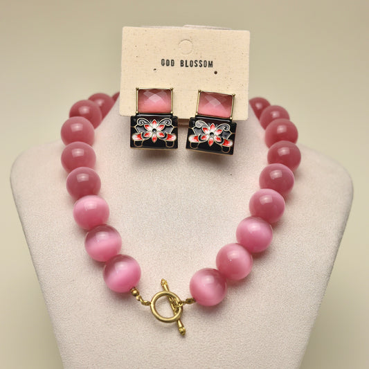 Pink Cat's Eye · Chinese Ink Earring Set