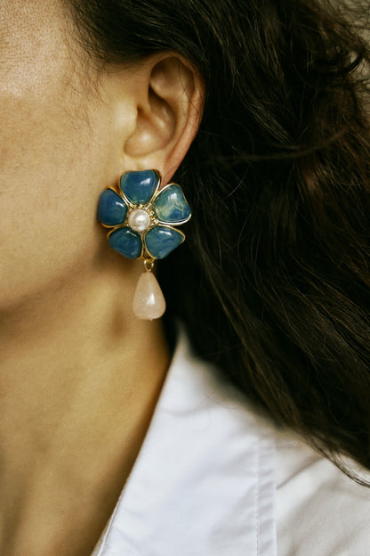 Five-Petal Opalescent Glass Flower & Rose Quartz Drop Vintage Gold Earrings