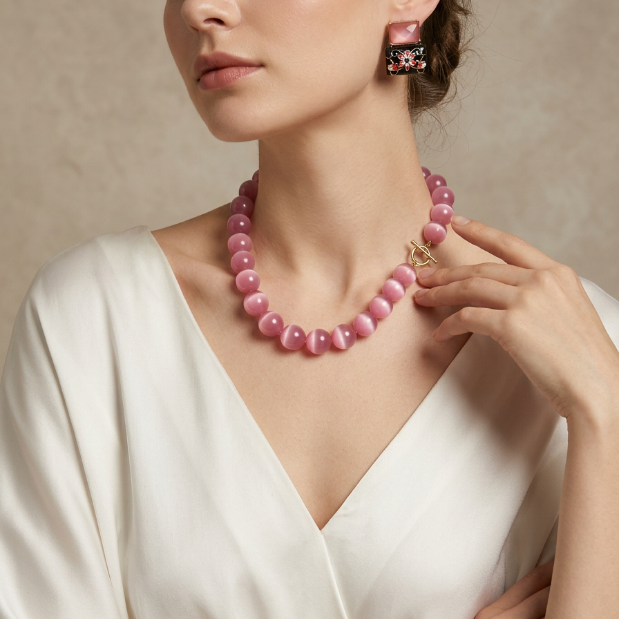 Pink Glow · Large Pink Cat's Eye Agate Necklace