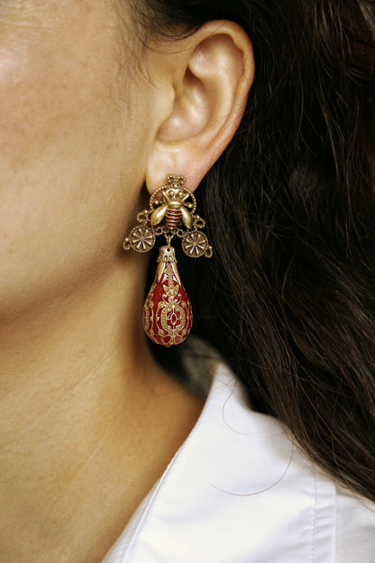 Bee & Burgundy Enamel Drop Vintage Gold Earrings