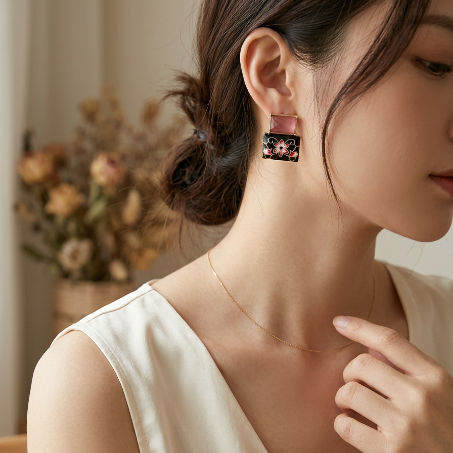 Pink Crystal Chinese Flower Earrings