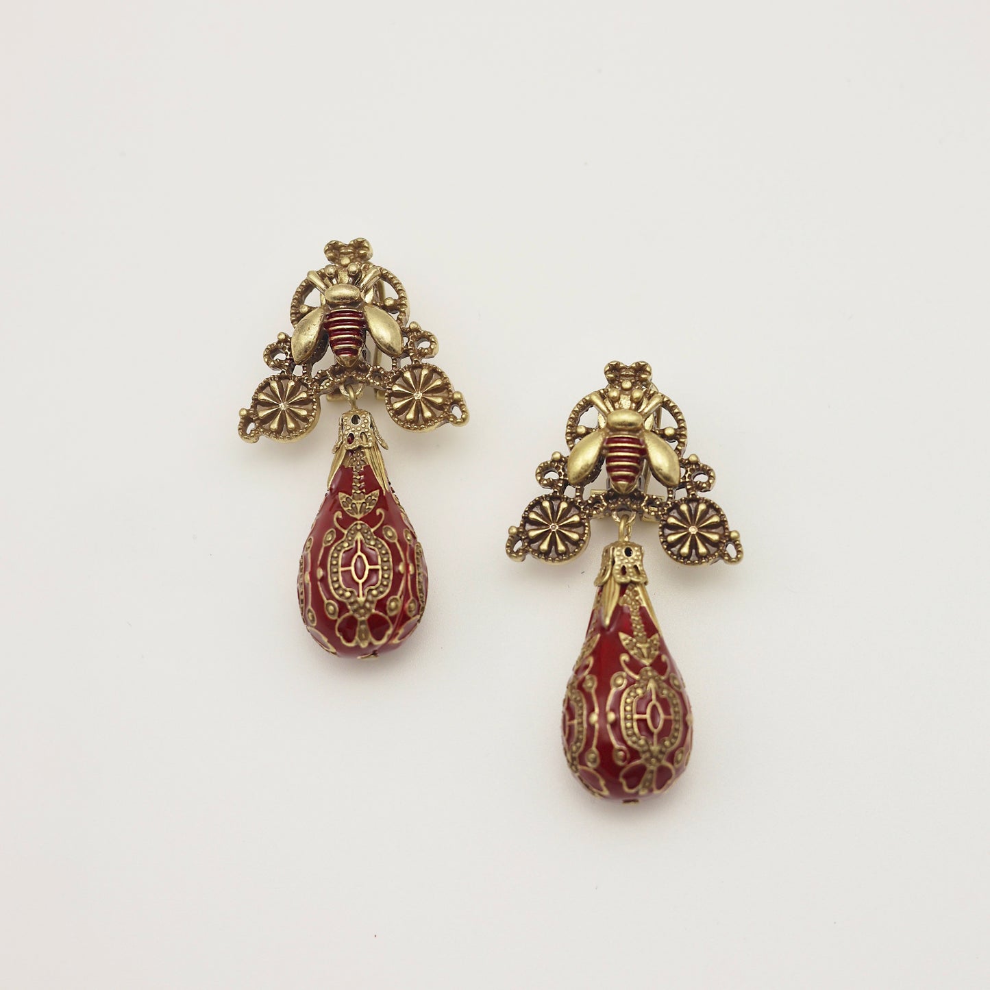 Bee & Burgundy Enamel Drop Vintage Gold Earrings
