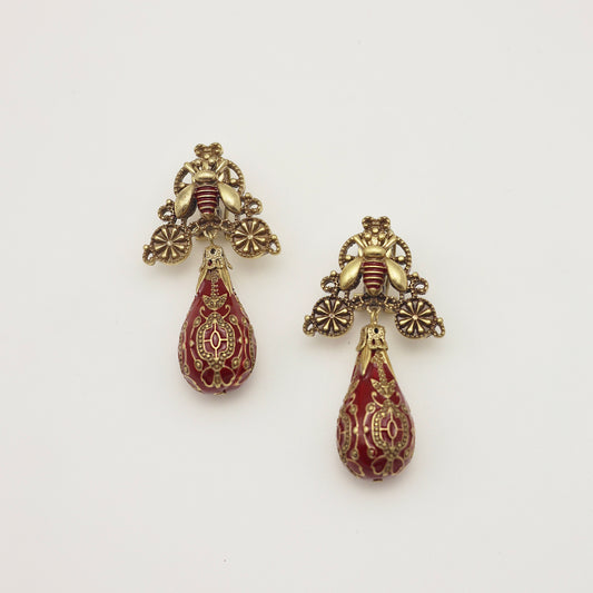 Bee & Burgundy Enamel Drop Vintage Gold Earrings