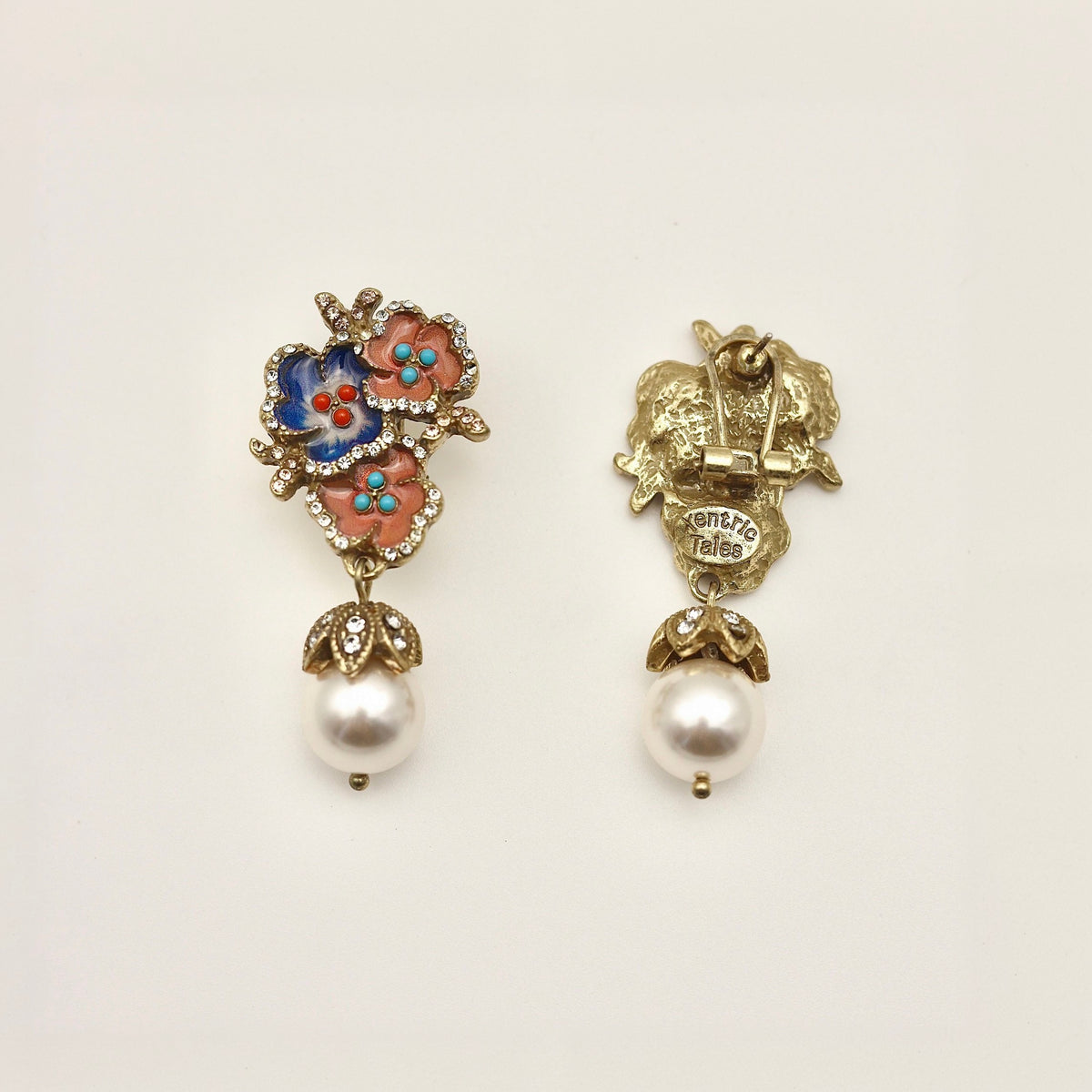 Triple-Flower Pearl Drop Vintage Gold Earrings
