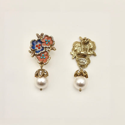 Triple-Flower Pearl Drop Vintage Gold Earrings