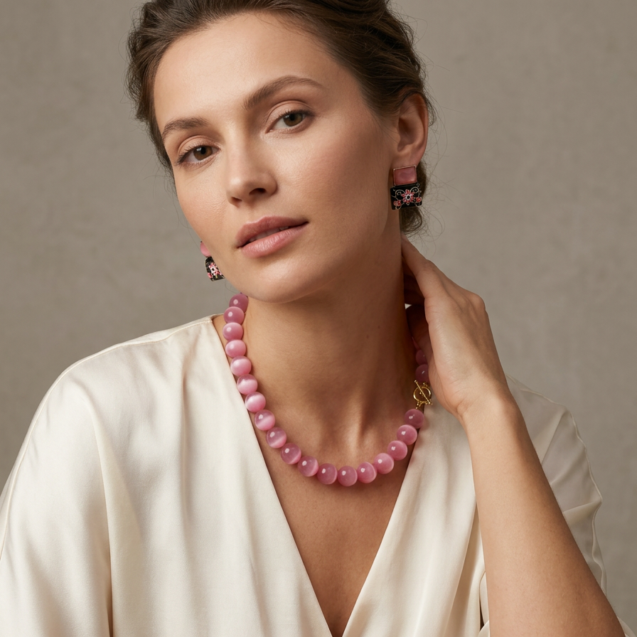 Pink Cat's Eye · Chinese Ink Earring Set