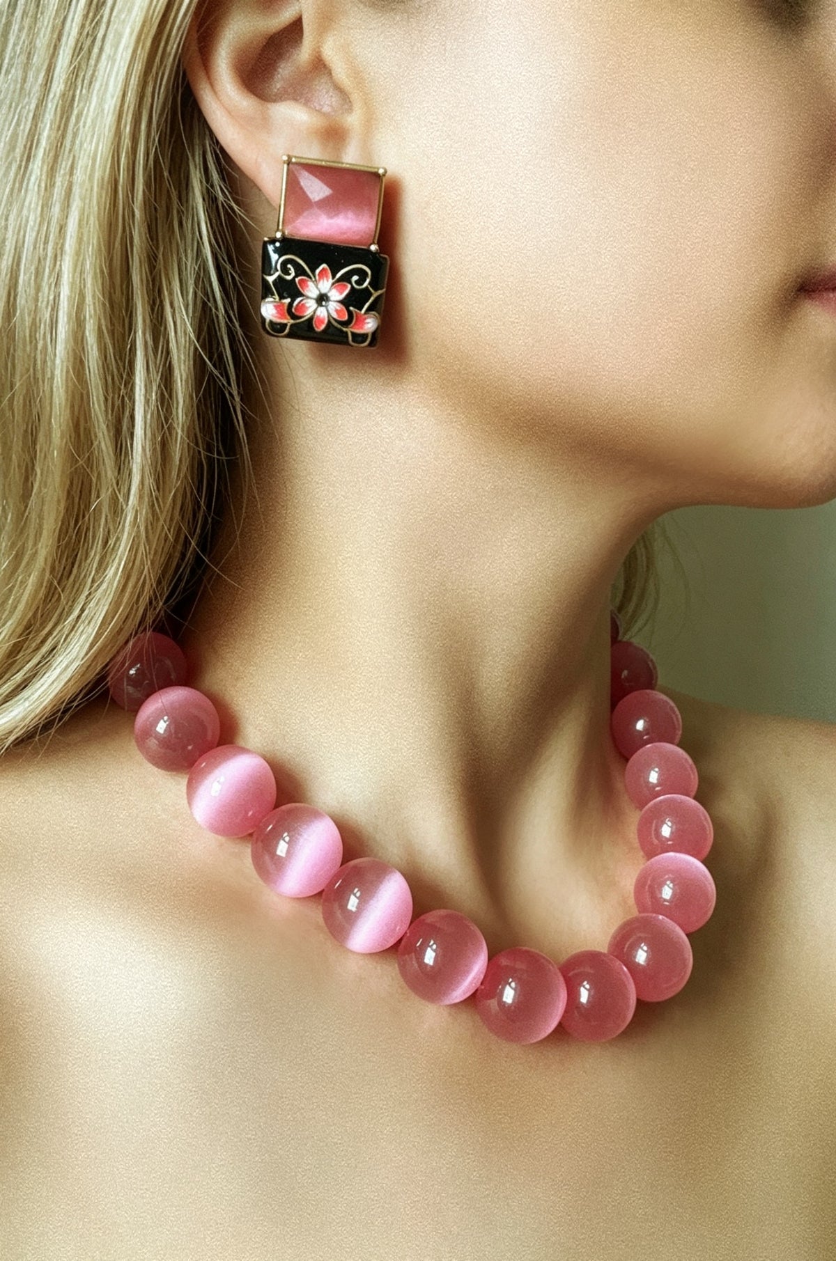 Pink Cat's Eye · Chinese Ink Earring Set