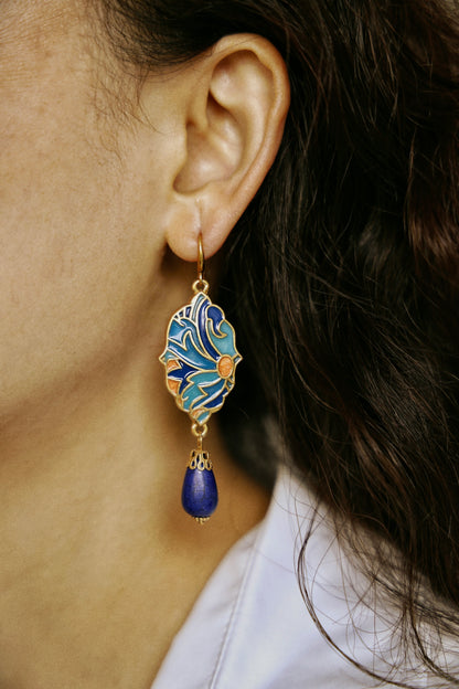 Blue Enamel & Turquoise Vintage Gold Earrings
