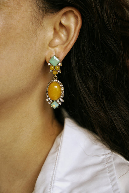 Canary Yellow Natural Stone Vintage Gold Earrings