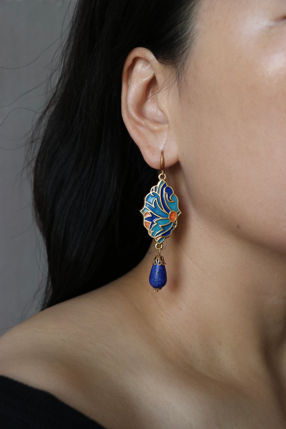 Blue Enamel & Turquoise Vintage Gold Earrings