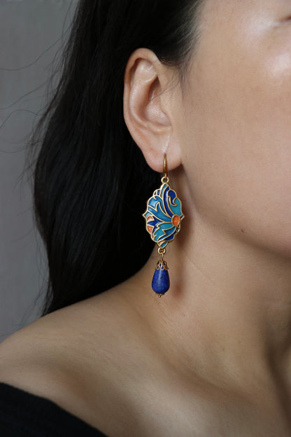 Blue Enamel & Turquoise Vintage Gold Earrings