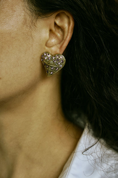 Heart Star-Halo Pink Diamond-Cut Vintage Gold Earrings