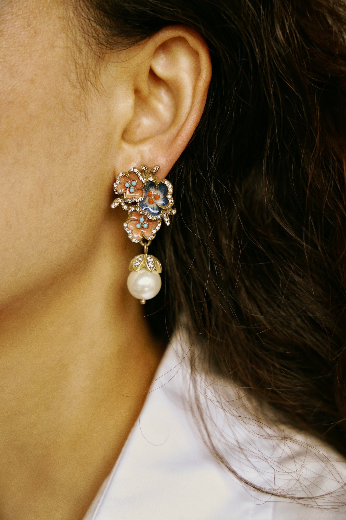Triple-Flower Pearl Drop Vintage Gold Earrings
