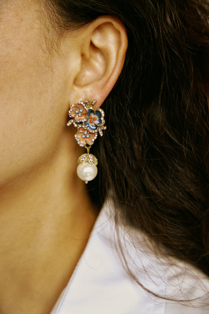 Triple-Flower Pearl Drop Vintage Gold Earrings