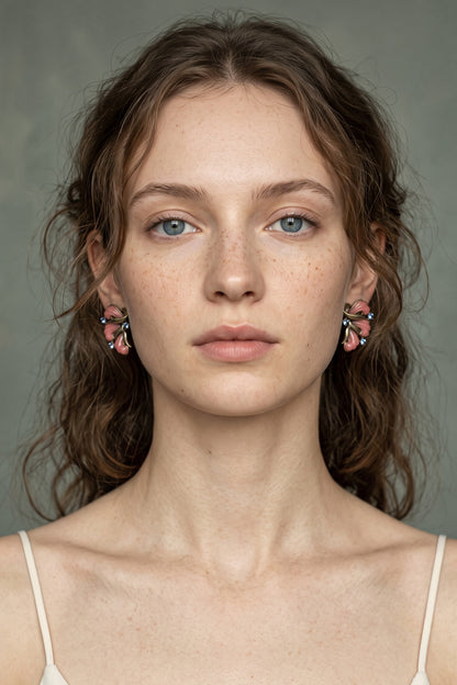 Three-Petal Pink Crystal & Gold Leaf Vintage Gold Earrings