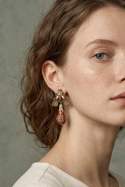 Bee & Burgundy Enamel Drop Vintage Gold Earrings