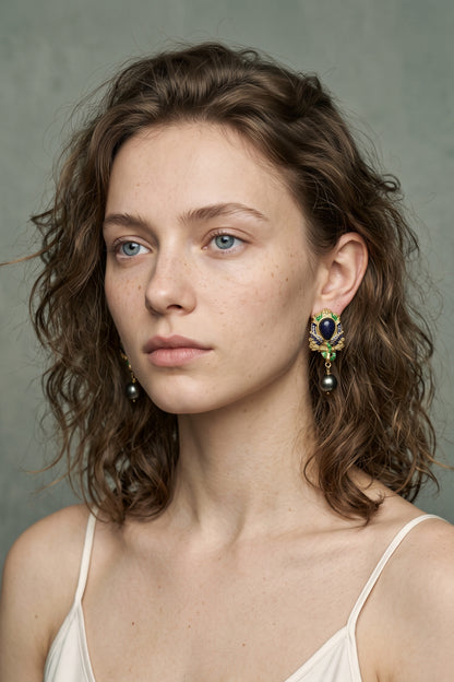 Starry Stone & Black Pearl Vintage Gold Earrings