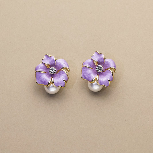Purple Gardenia · Enamel & Pearl Earrings