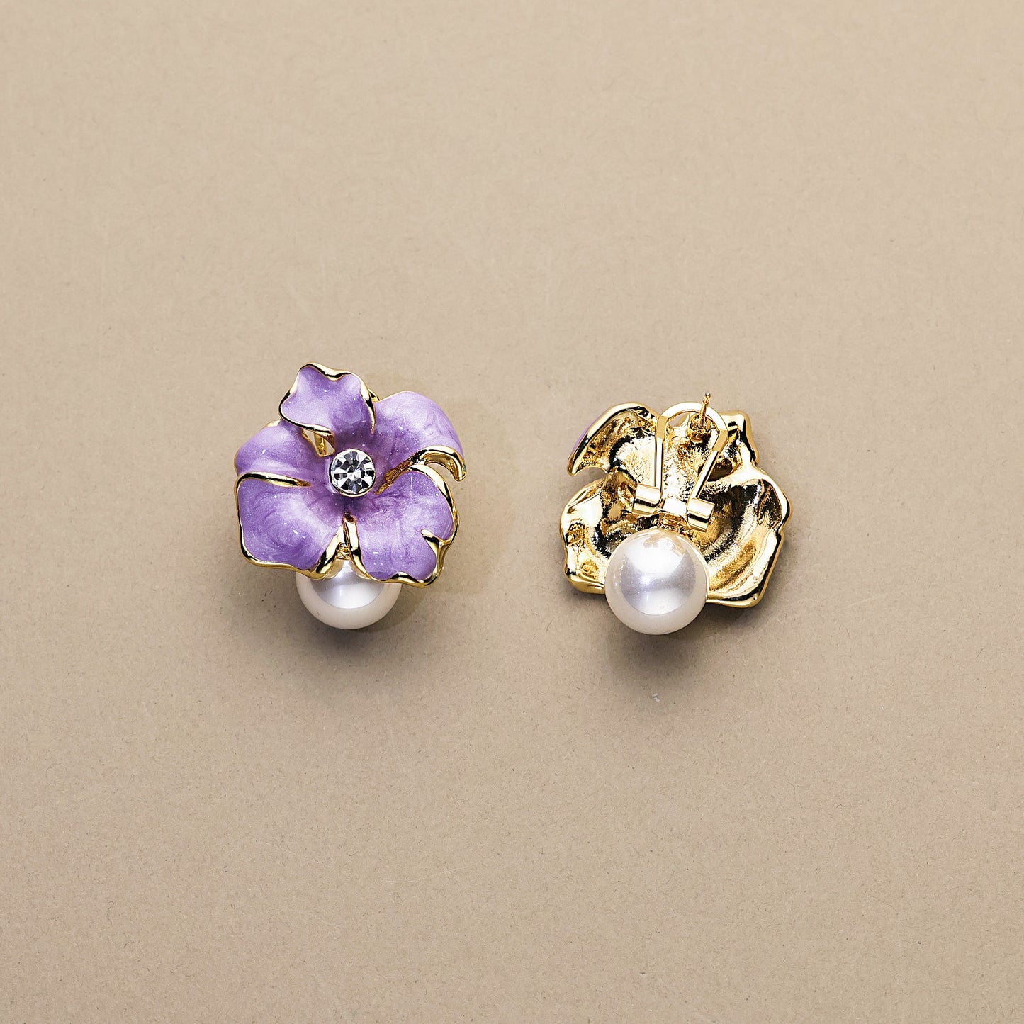 Purple Gardenia · Enamel & Pearl Earrings