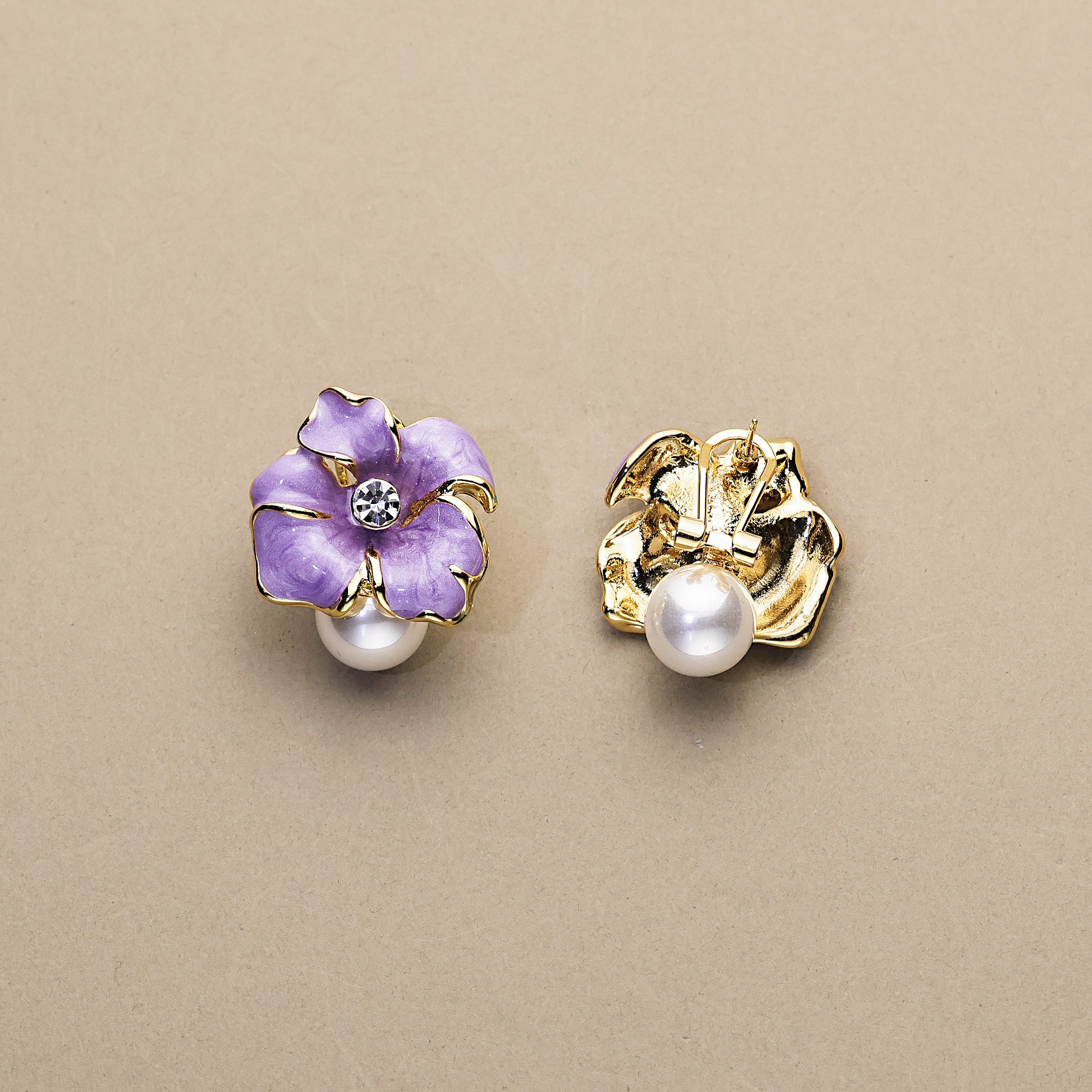 Purple Gardenia · Enamel & Pearl Earrings