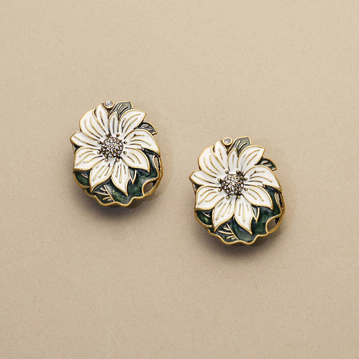Dark Leaf & White Bloom · Enamel Crystal Earrings
