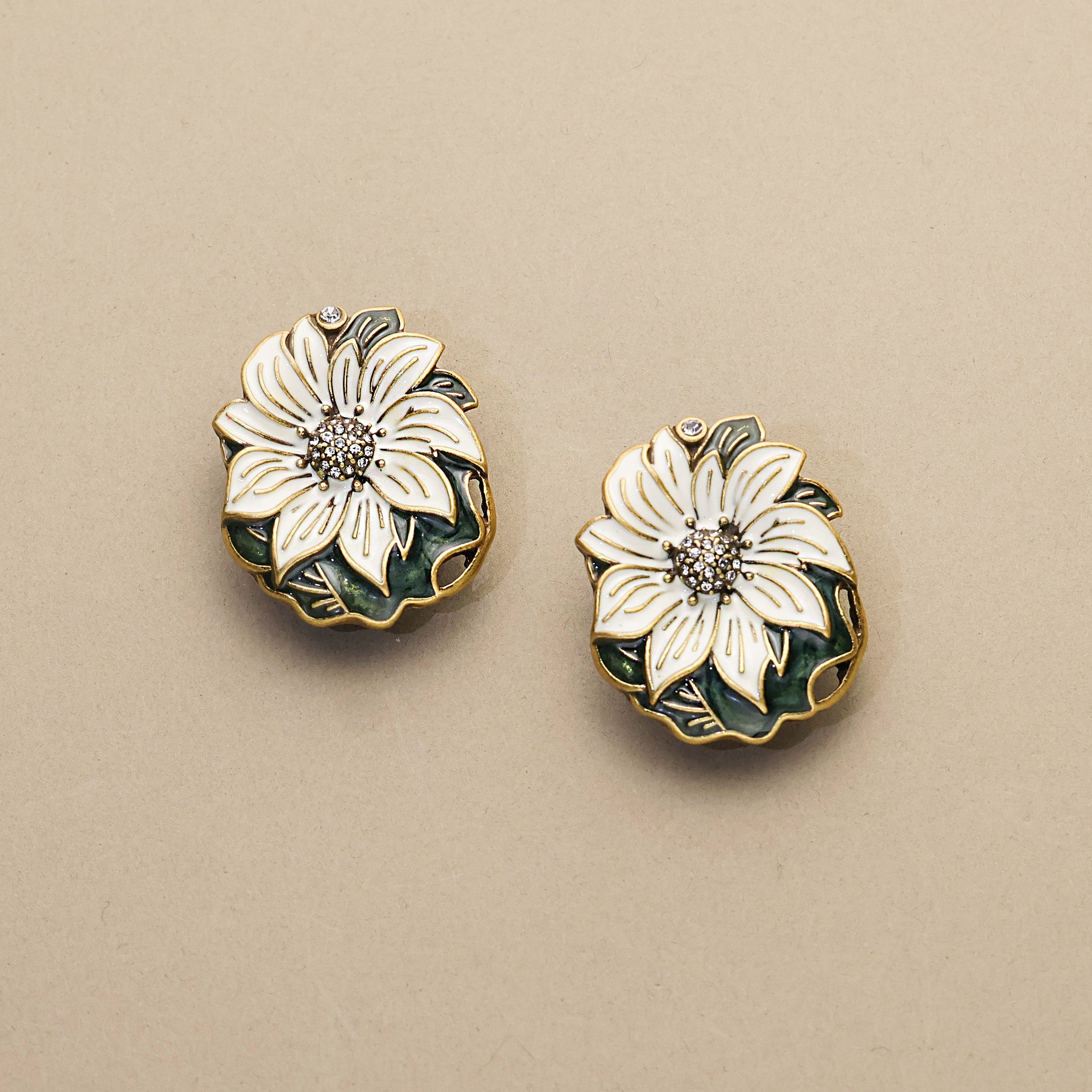 Dark Leaf & White Bloom · Enamel Crystal Earrings