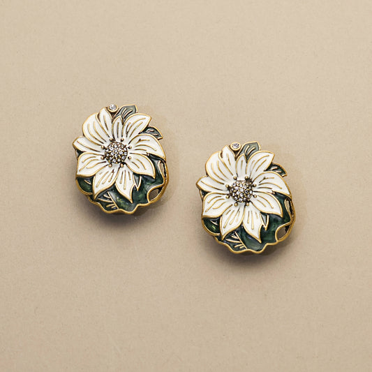 Dark Leaf & White Bloom · Enamel Crystal Earrings