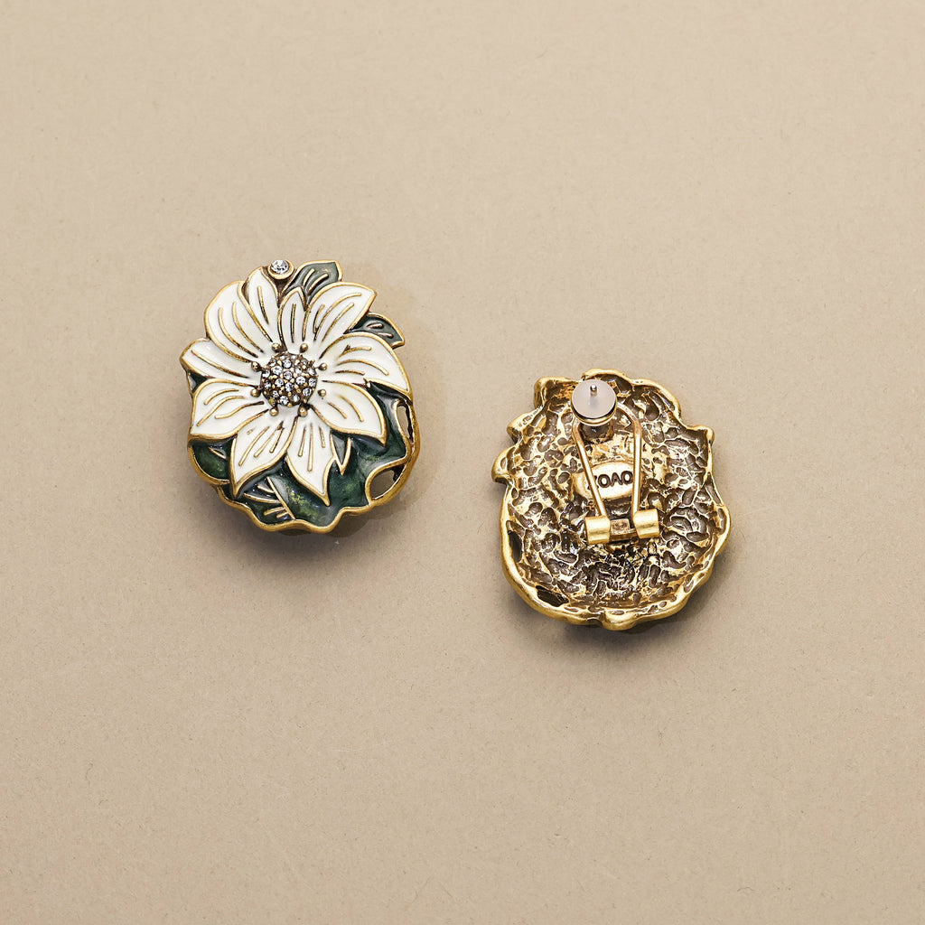 Dark Leaf & White Bloom · Enamel Crystal Earrings