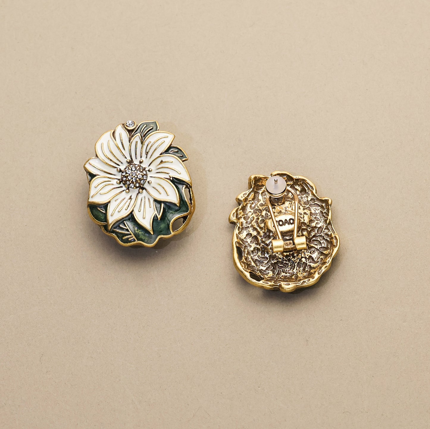 Dark Leaf & White Bloom · Enamel Crystal Earrings