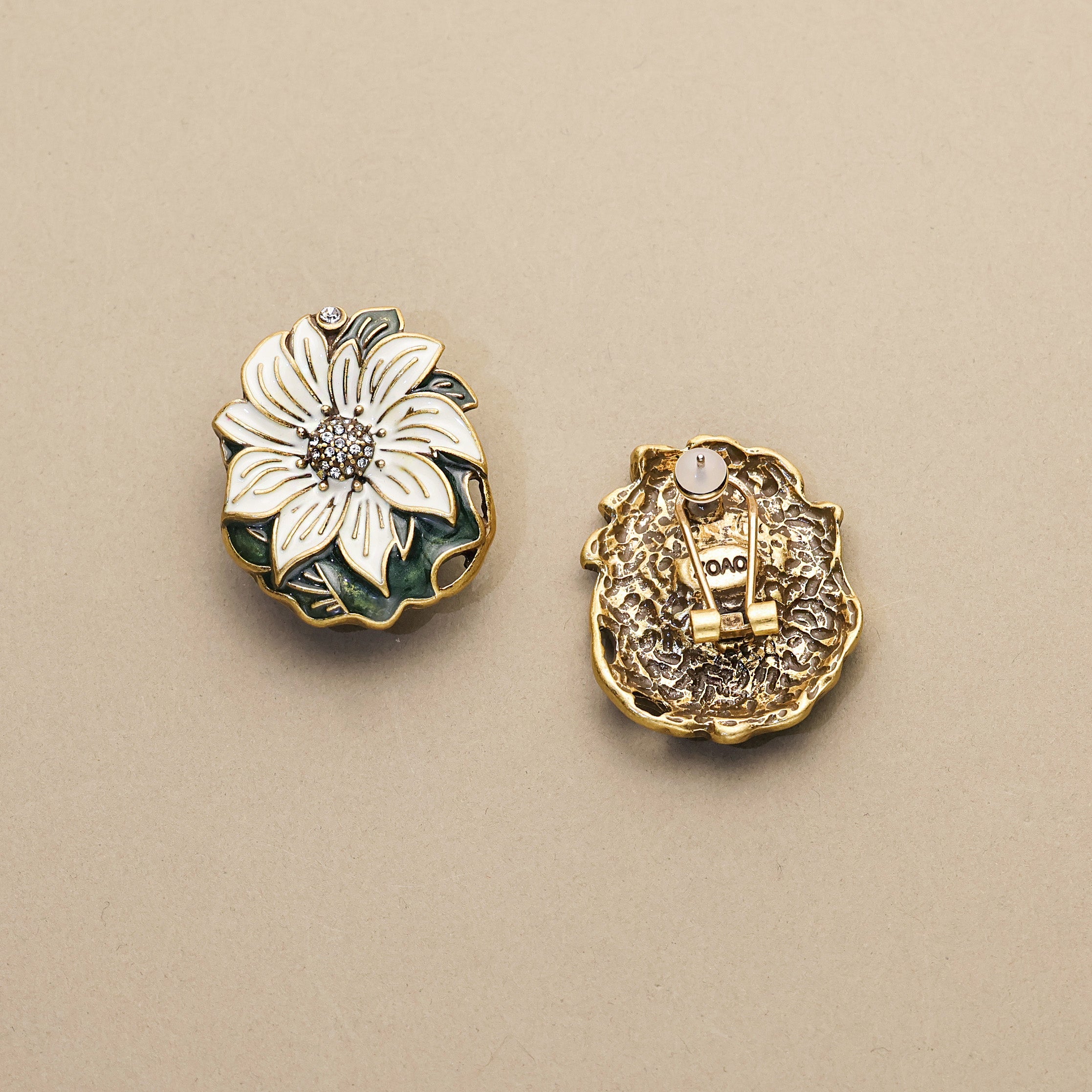 Dark Leaf & White Bloom · Enamel Crystal Earrings