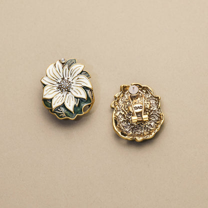 Dark Leaf & White Bloom · Enamel Crystal Earrings